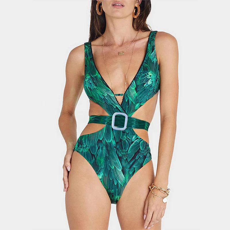 One Piece V Neck green floral swim suit with dress