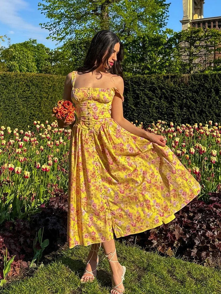 Floral Print Midi Dress with Pocket & Back Lace-Up VestiVogue  