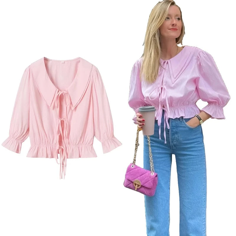Pink Striped summer Blouse with collar