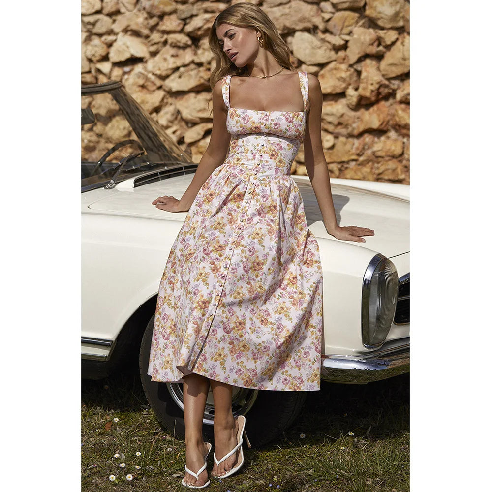Floral Print Midi Dress with Pocket & Back Lace-Up VestiVogue  