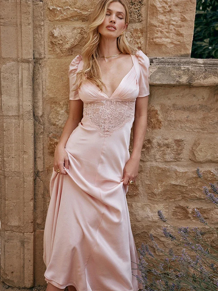 Pink V-Neck Puff Sleeve Maxi Dress - Elegant Evening Party Gown VestiVogue  