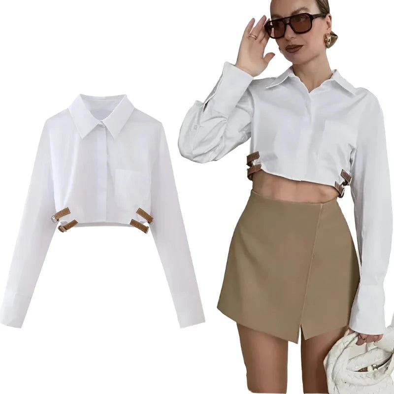 Stylish Belt Crop Shirt with Buttons