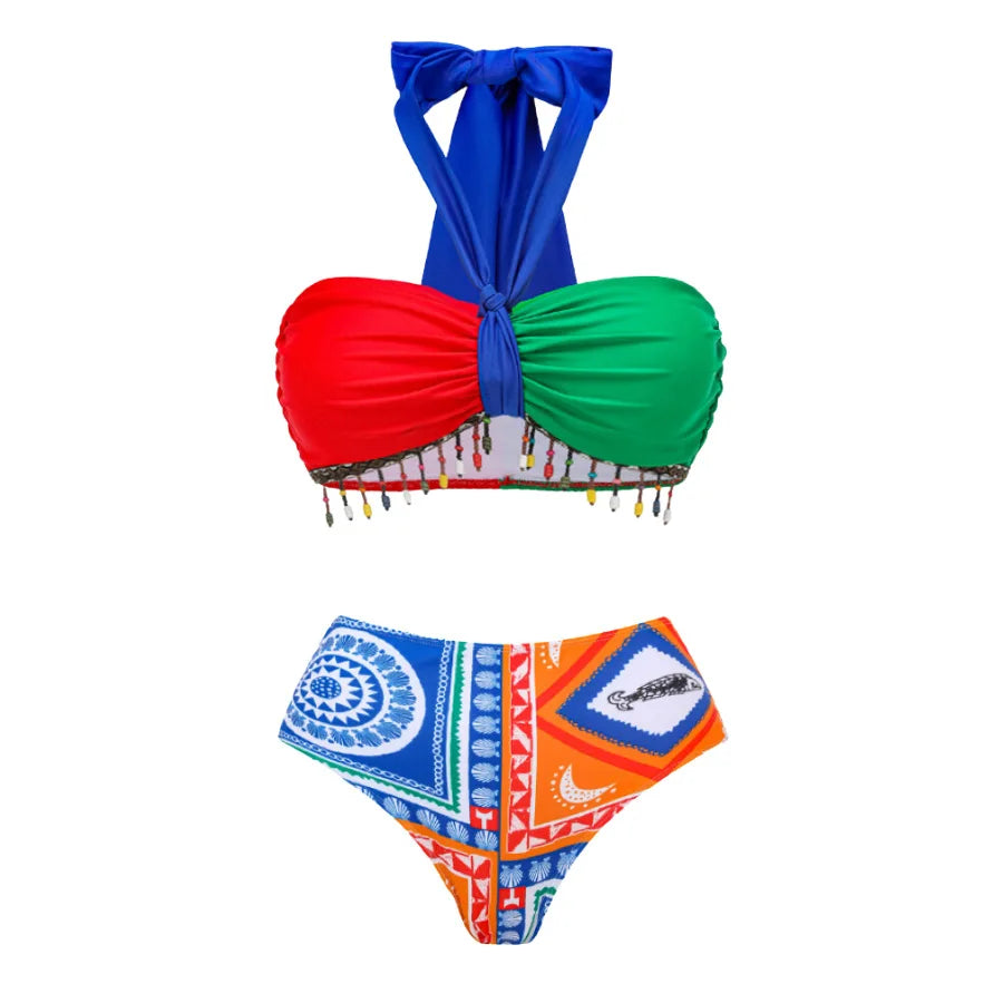 3 piece multi coloured bikini sets with Halter neck and trousers