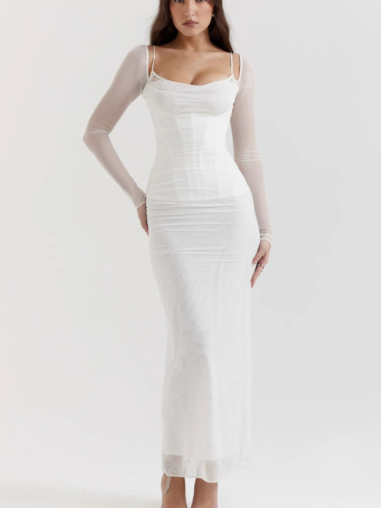 Long Sleeve Maxi Corset Dress VestiVogue White S
