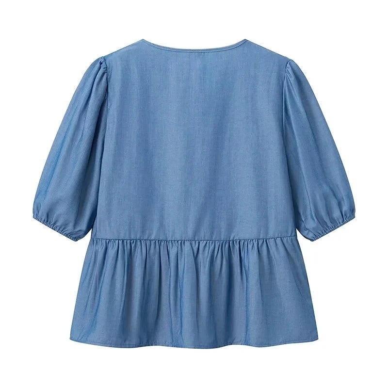 Bow Blue Top with Puff Sleeves