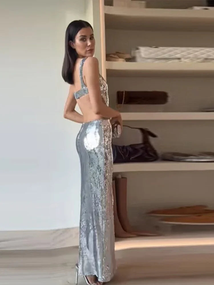 Sling Backless Silvery Maxi Prom Dress VestiVogue  