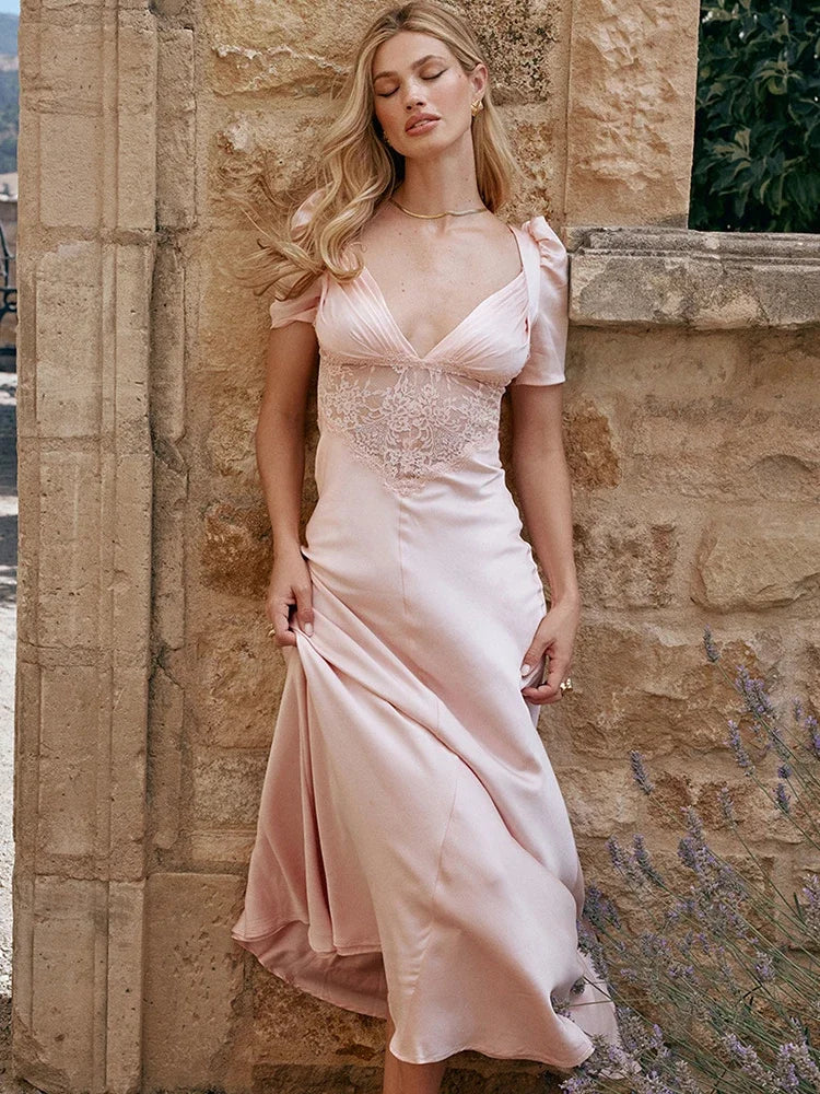 Pink V-Neck Puff Sleeve Maxi Dress - Elegant Evening Party Gown VestiVogue Pink XS