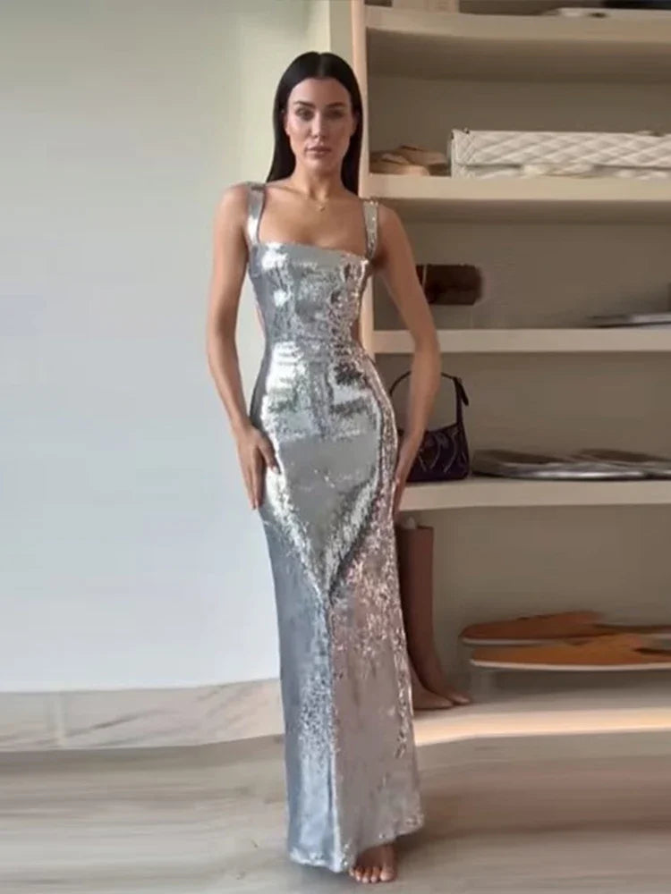 Sling Backless Silvery Maxi Prom Dress VestiVogue Silver S
