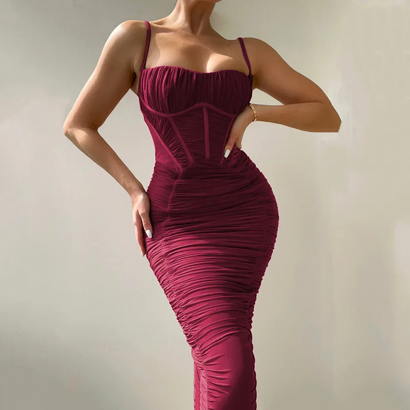 Mesh Maxi Dress: Elegant Ruched Evening Party Gown VestiVogue  