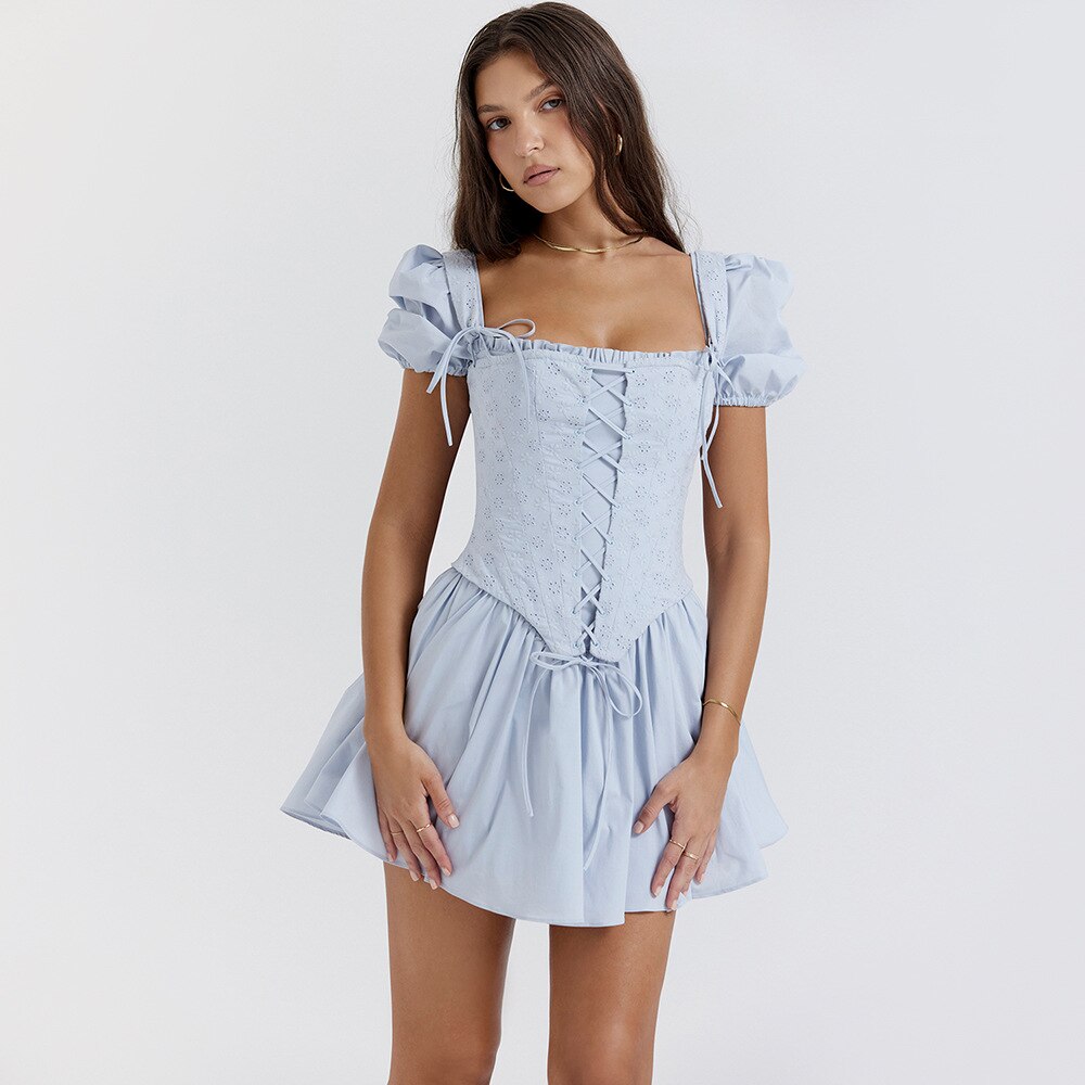 Elegant Blue Square Neck mini Dress VestiVogue corset is detachable XS