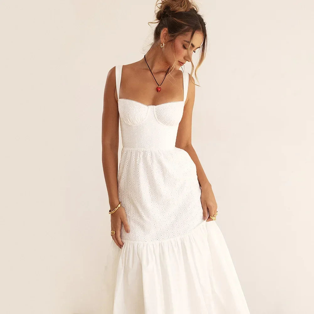 White Linen-Cotton Blend Jacquard Midi Dress VestiVogue  
