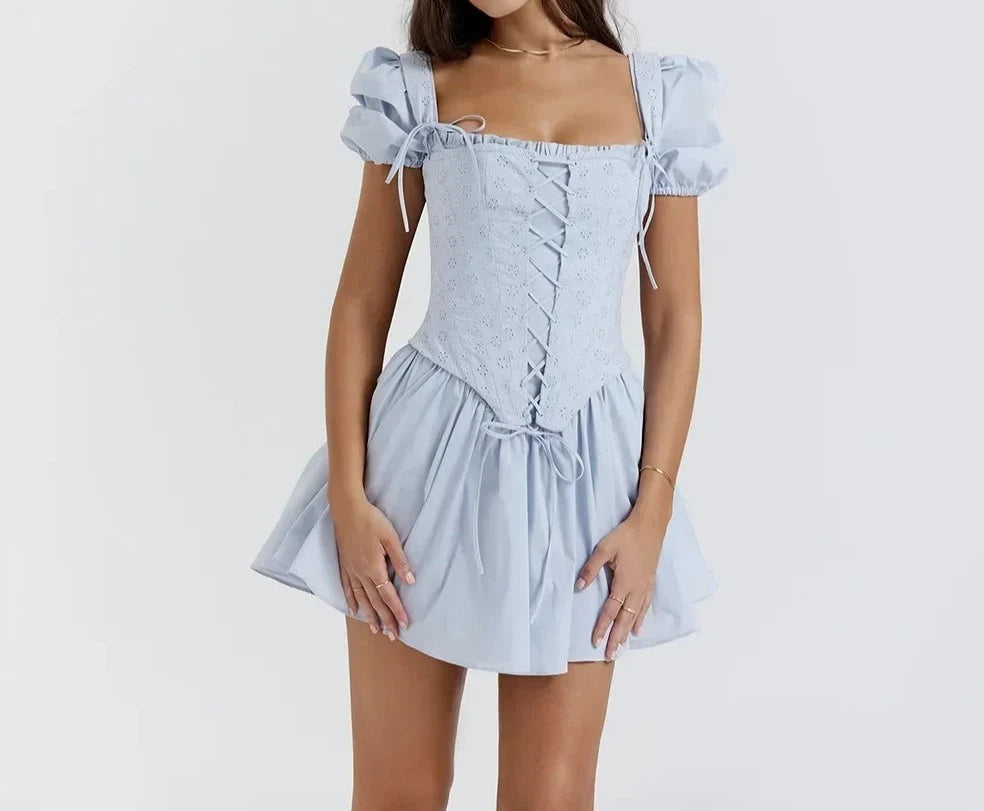 Blue Puff Sleeve Lace-Up Corset Dress VestiVogue corset blue dress S