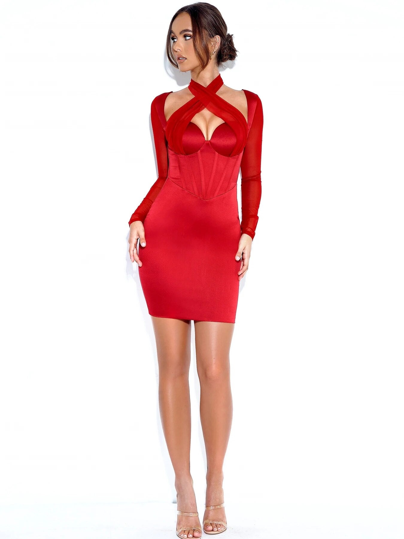 Mesh Cross Long Sleeve Bodycon Dress VestiVogue Red XS