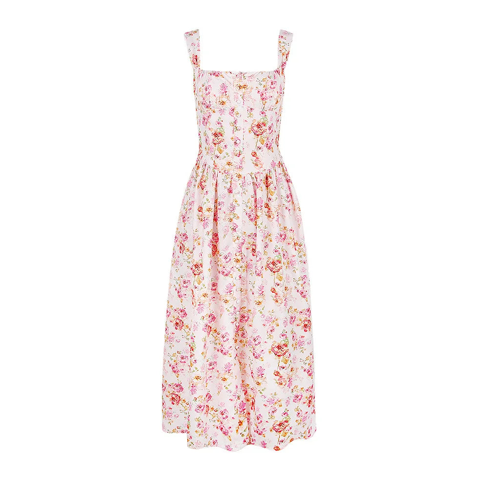 Floral Print Midi Dress with Pocket & Back Lace-Up VestiVogue Floral L