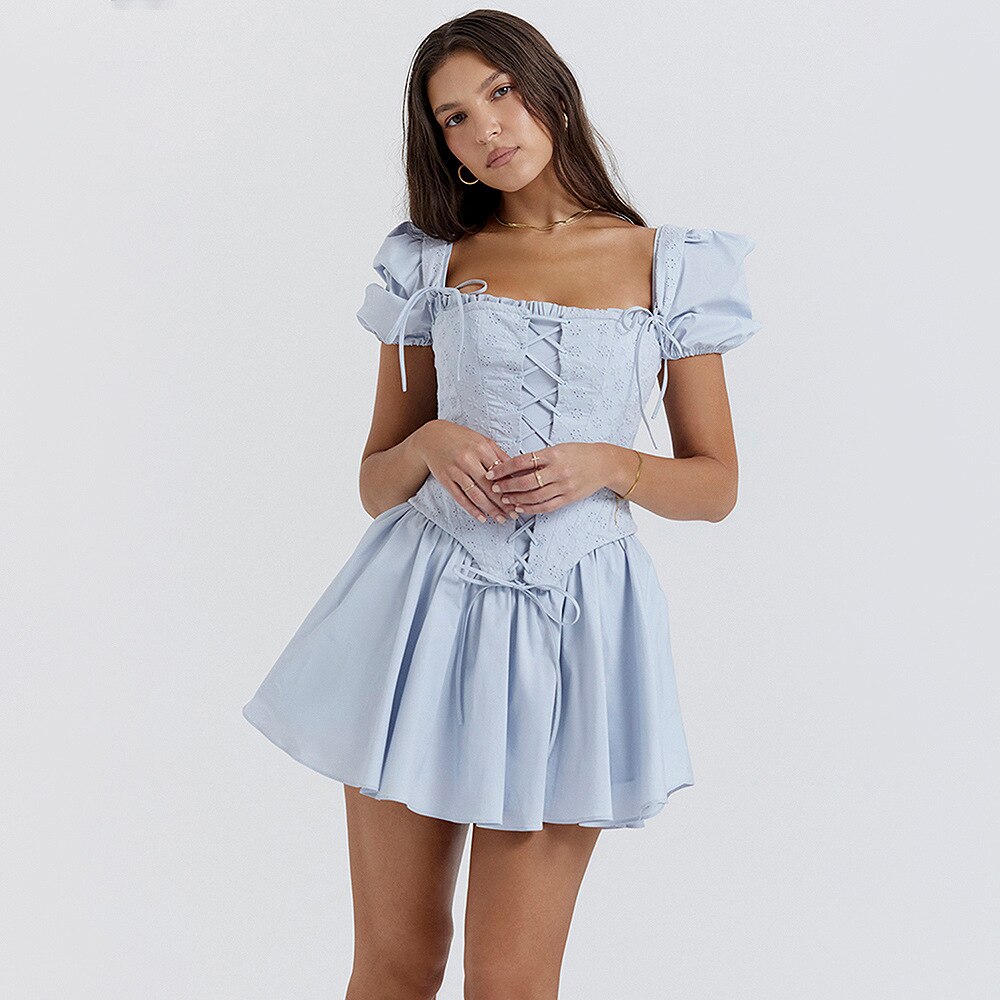 Elegant Blue Square Neck mini Dress VestiVogue  