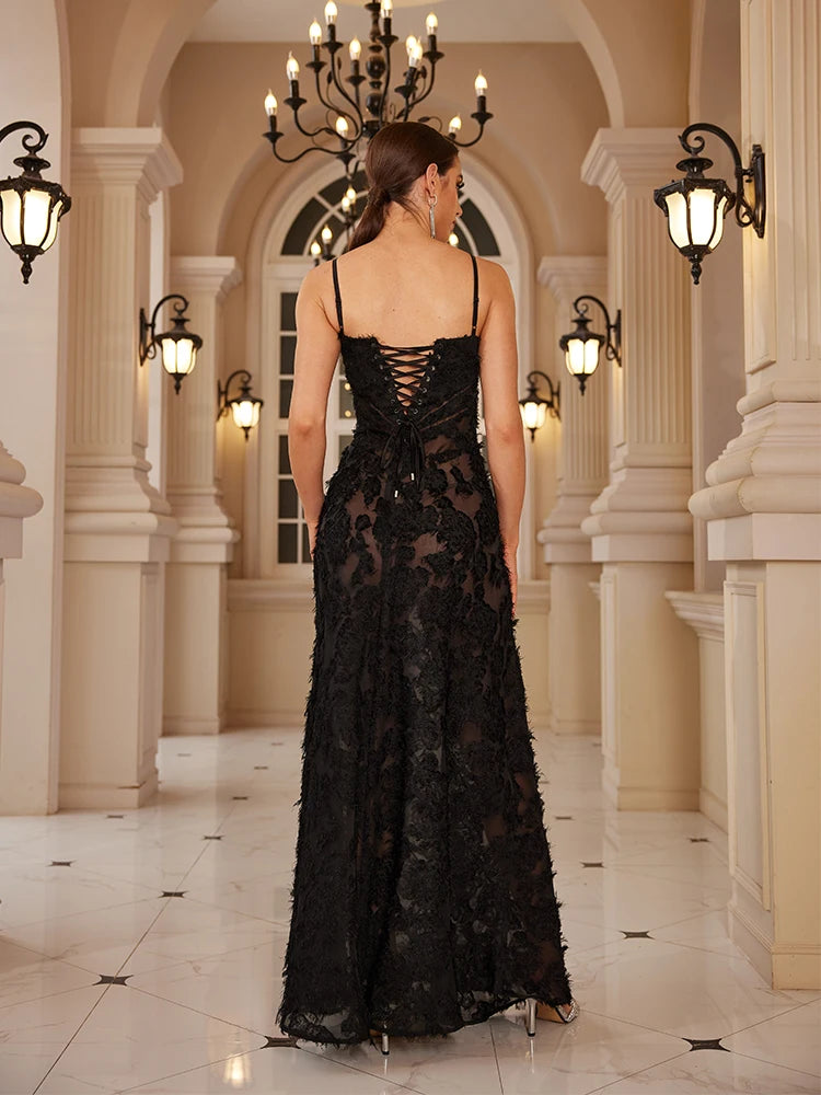 Elegant Black Floral Maxi Dress for Formal Occasions VestiVogue  