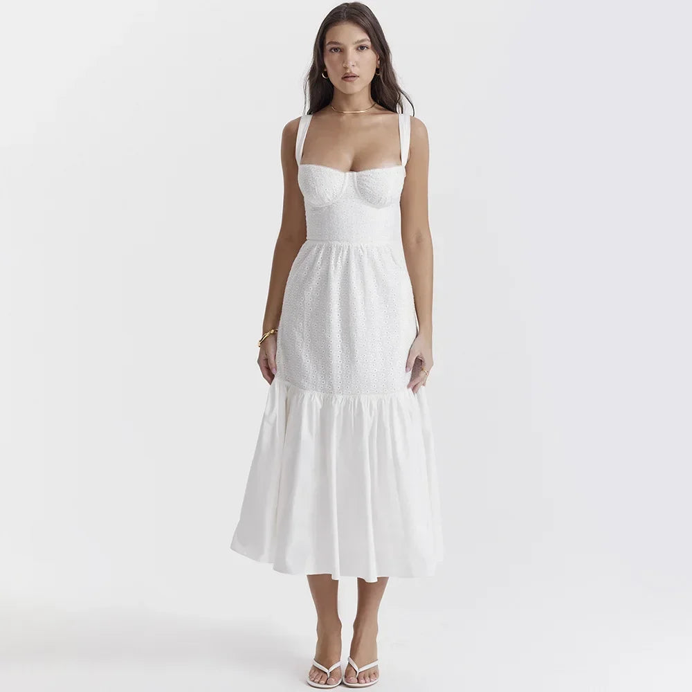 White Linen-Cotton Blend Jacquard Midi Dress VestiVogue White S