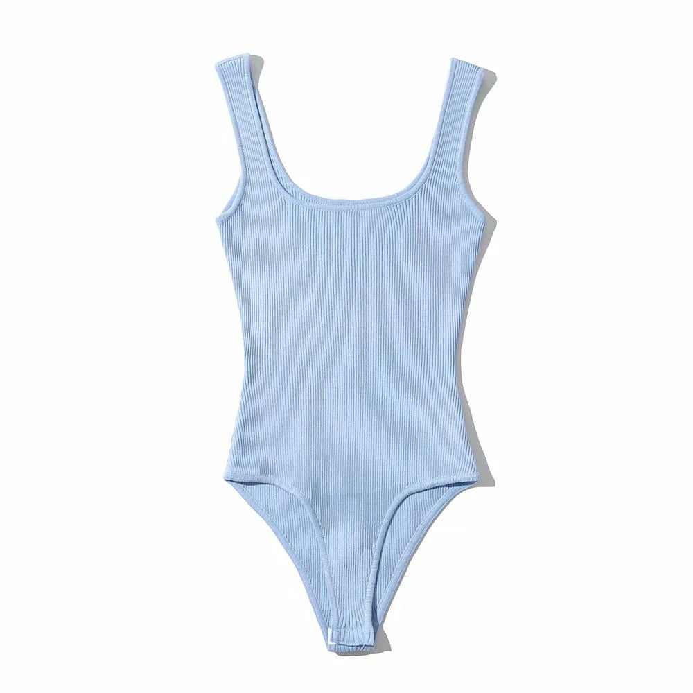 Sleeveless knitted summer bodysuit Chic Gym Wear Blue One Size